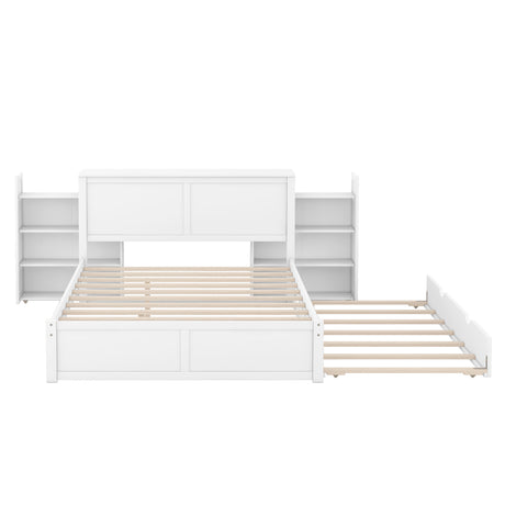 Queen Size Storage Platform Bed with Pull Out Shelves and Twin  XL Size Trundle, White - Home Elegance USA