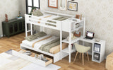 Wood Twin over Full Bunk Bed with Drawers, Shelves, Cabinets, L-shaped Desk and Magazine Holder, White - Home Elegance USA