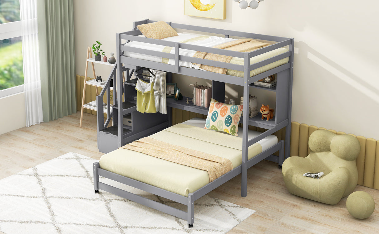 Twin over Full Bunk Bed with Storage Staircase, Desk, Shelves and Hanger for Clothes, Gray - Home Elegance USA