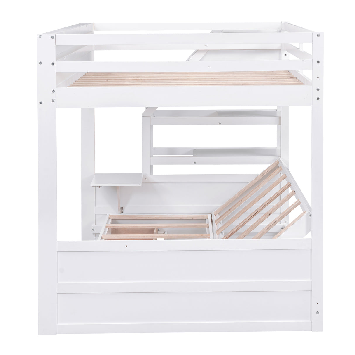 Wood Full Size Convertible Bunk Bed with Storage Staircase, Bedside Table, and 3 Drawers, White - Home Elegance USA