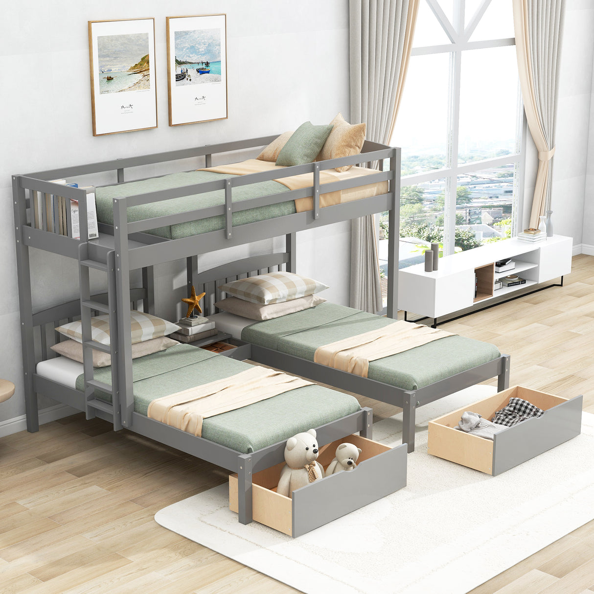 Twin over Twin & Twin Bunk Bed with Two Drawers and Built-in Middle Drawer, Gray - Home Elegance USA