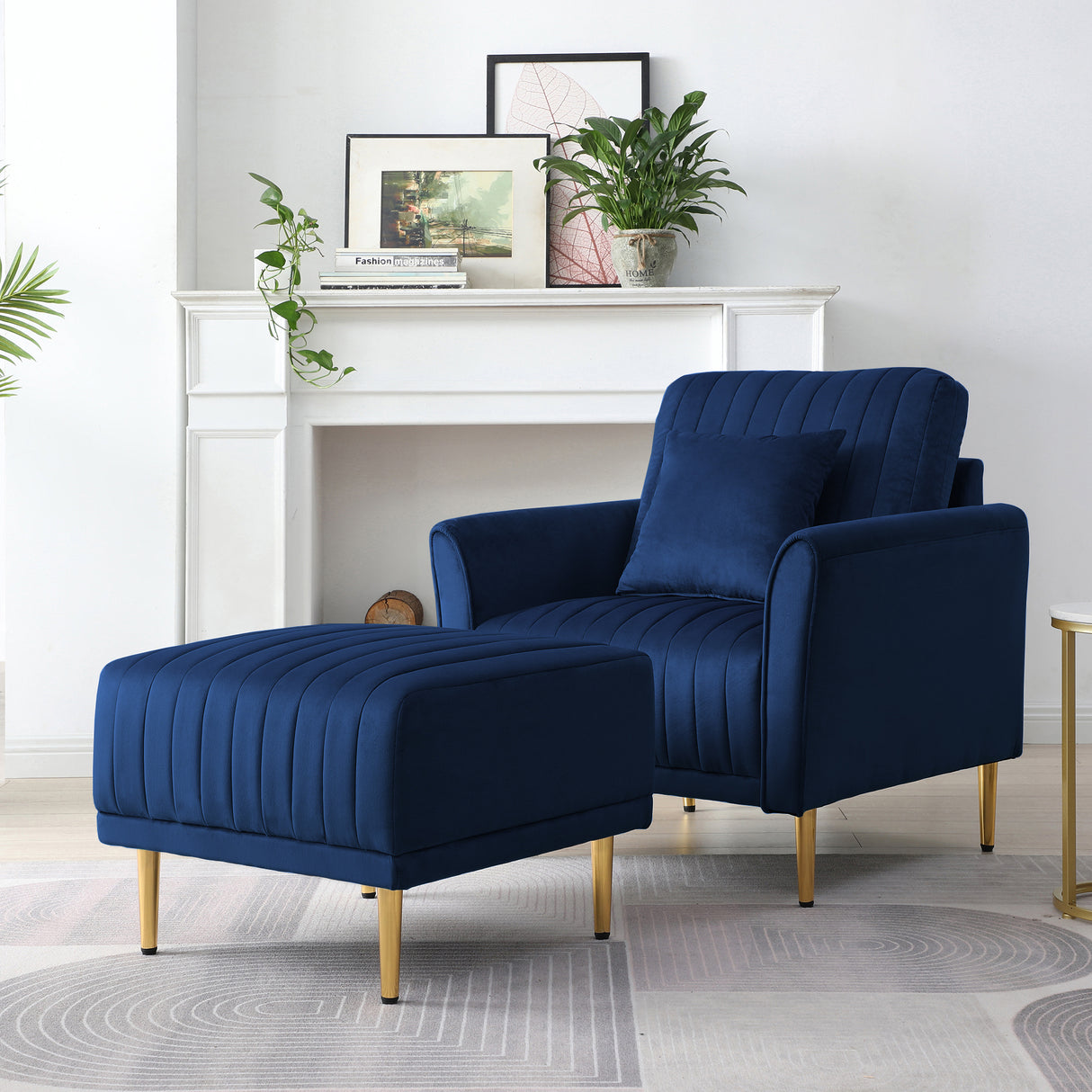 Accent Chair with Ottoman, Single Sofa Chair and Ottoman Set, Modern Velvet Barrel Chair Accent Armchair with Golden Legs for Living Room Bedroom Home Office, Channel Tufted Back Club Chair, Blue Home Elegance USA
