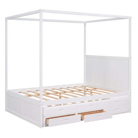 Queen Size Canopy Platform Bed with Twin Size Trundle and Three Storage Drawers,White - Home Elegance USA