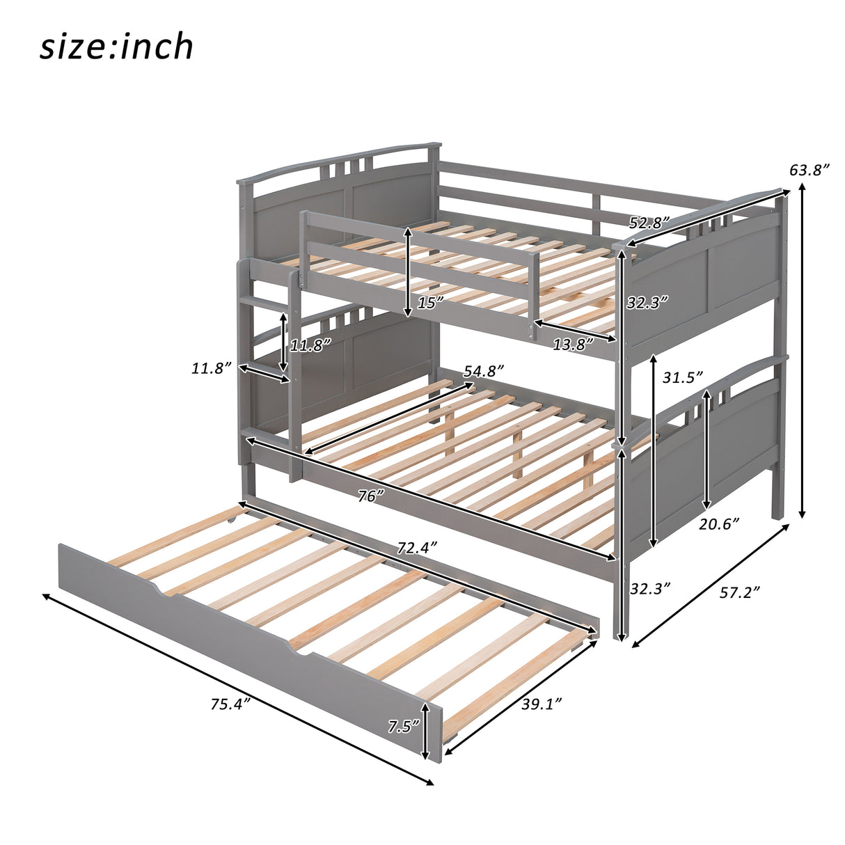 Full-Over-Full Bunk Bed with Twin size Trundle , Separable Bunk Bed for Bedroom - Grey - Home Elegance USA