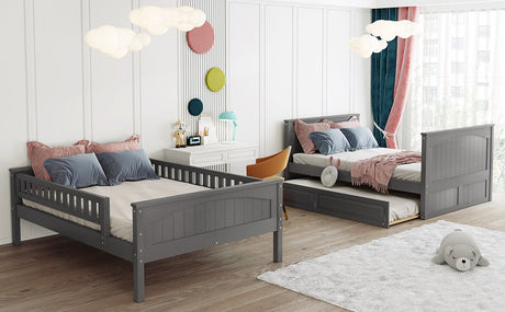 Full Over Full Bunk Bed with Twin Size Trundle, Pine Wood Bunk Bed with Guardrails, Brushed Gray(Old SKU：LP000044AAN)