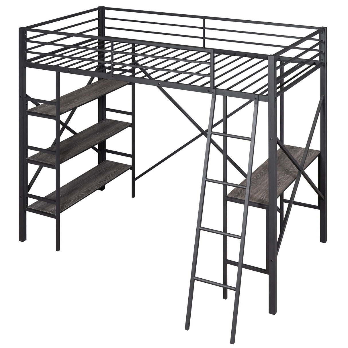 Twin Size Metal Loft Bed with Shelves and Desk, Black (Old SKU:SM001102AAB) - Home Elegance USA