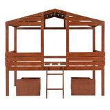 Twin Size Low Loft Wood House Bed with Two Drawers, Walnut - Home Elegance USA