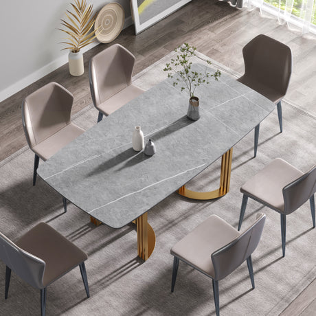 70.87"Modern artificial stone gray curved golden metal leg dining table-can accommodate 6-8 people - Home Elegance USA