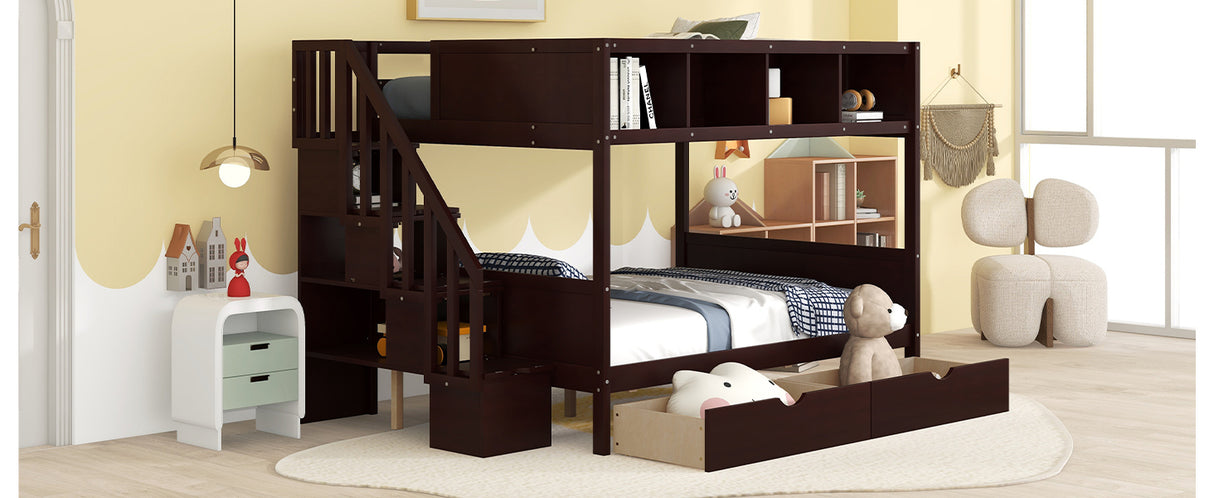 Twin over Full Bunk Bed with Shelfs, Storage Staircase and 2 Drawers, Espresso - Home Elegance USA