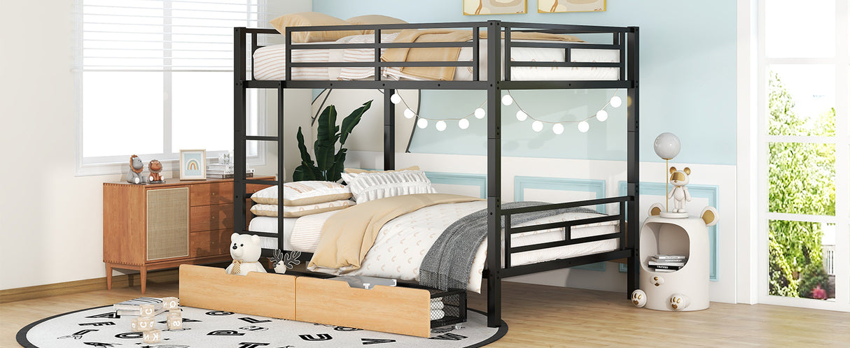 Metal Full Size Convertible Bunk Bed with 2 Drawers, Black(Expected Arrival Time: 9.18)