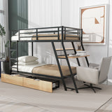 Twin Size Metal Bunk Bed with Built-in Desk, Light and 2 Drawers, Black(Expected Arrival Time: 9.18)