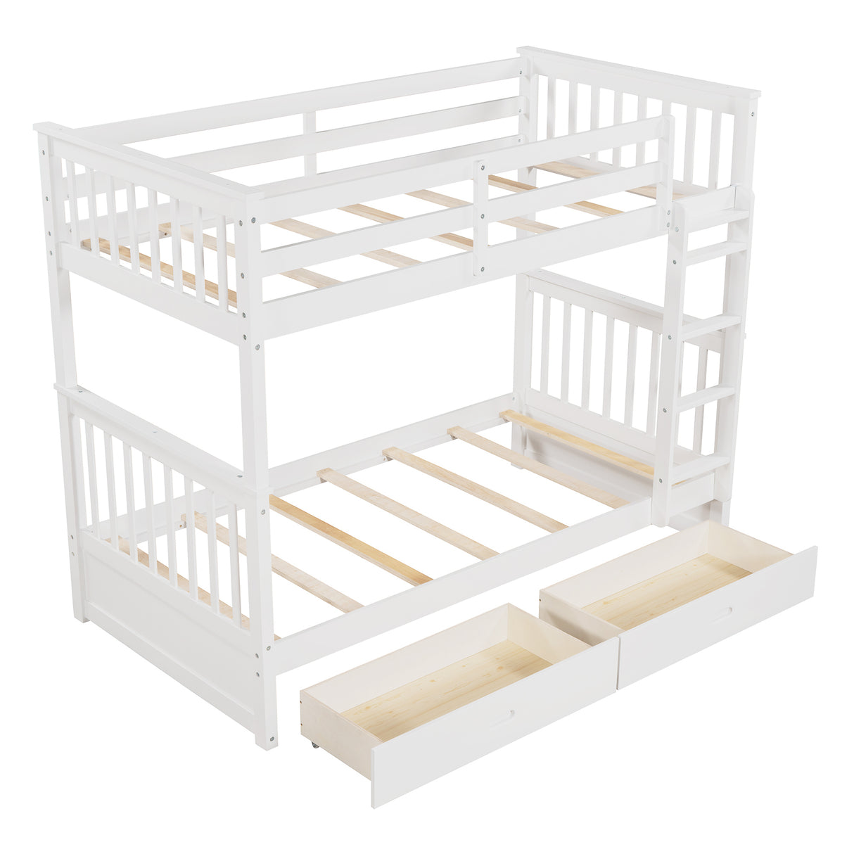 Twin-Over-Twin Bunk Bed with Ladders and Two Storage Drawers (White) - Home Elegance USA