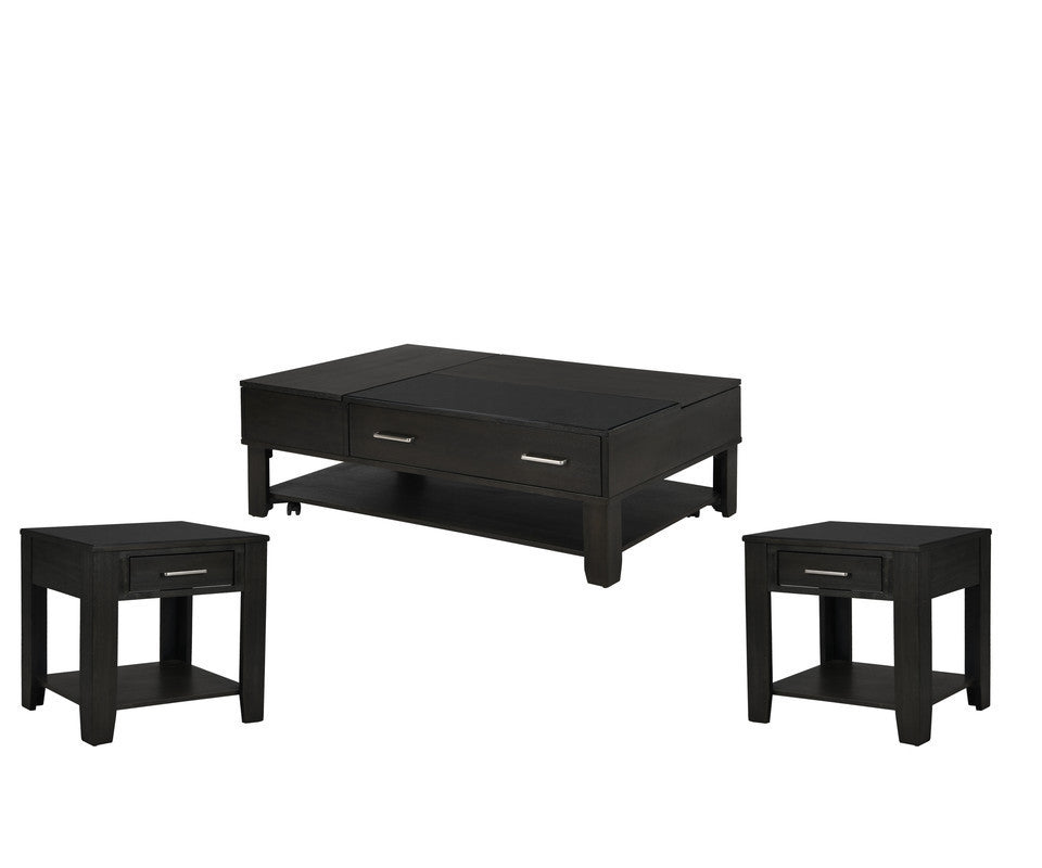 Bruno 3 Piece Ash Gray Wooden Lift Top Coffee and End Table Set with Tempered Glass Top and Drawer - Home Elegance USA