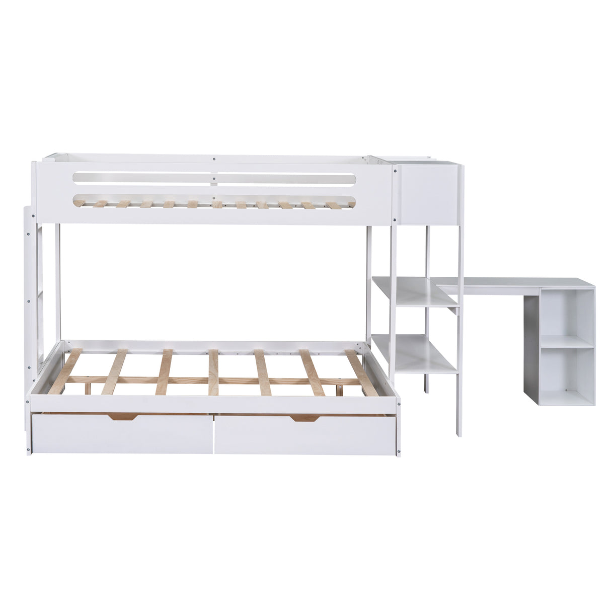 Wood Twin over Full Bunk Bed with Drawers, Shelves, Cabinets, L-shaped Desk and Magazine Holder, White - Home Elegance USA