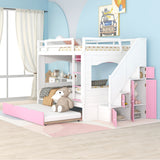 Full Over Full Bunk Bed with Trundle ,Stairs,Ladders Solid Wood Bunk bed with Storage Cabinet （White + Pink） - Home Elegance USA