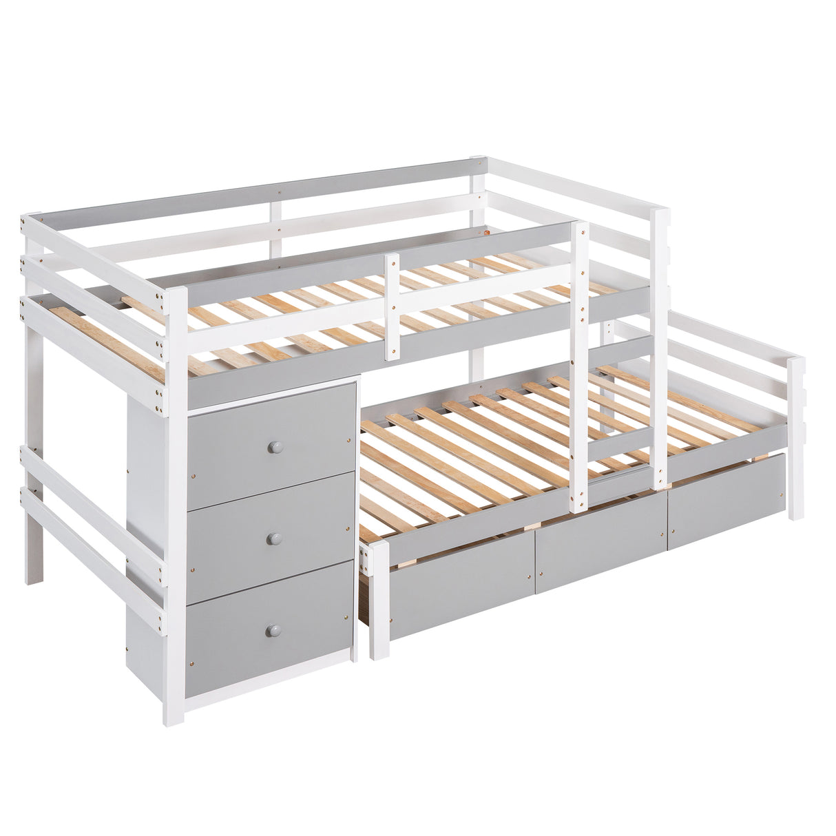 Twin over Twin Loft Bunk Bed with Drawers and Ladder, Gray - Home Elegance USA