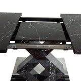 Modern Square Dining Table,Stretchable,Printed Black Marble Table Top+MDF X-Shape Table Leg with Metal Base - Home Elegance USA