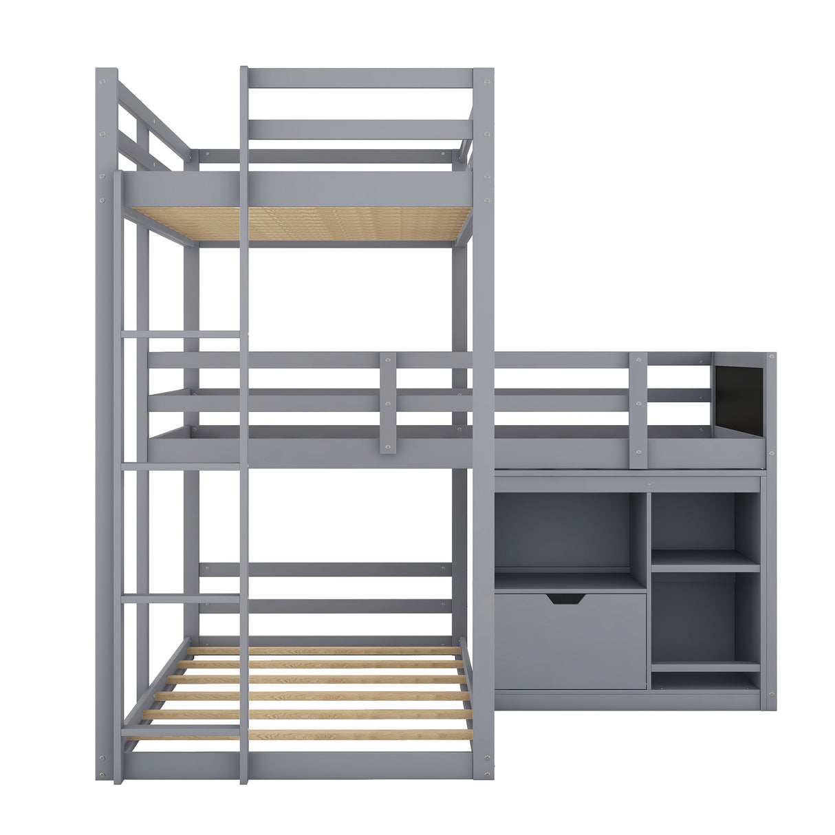 L-shaped Wood Triple Twin Size Bunk Bed with Storage Cabinet and Blackboard, Ladder, Gray - Home Elegance USA