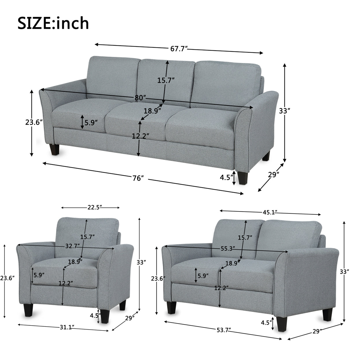 Living Room Sets Furniture Armrest Sofa Single Chair Sofa Loveseat Chair 3-Seat Sofa (ChairLoveseat Chair&3-Seat Sofa, Gray) Home Elegance USA