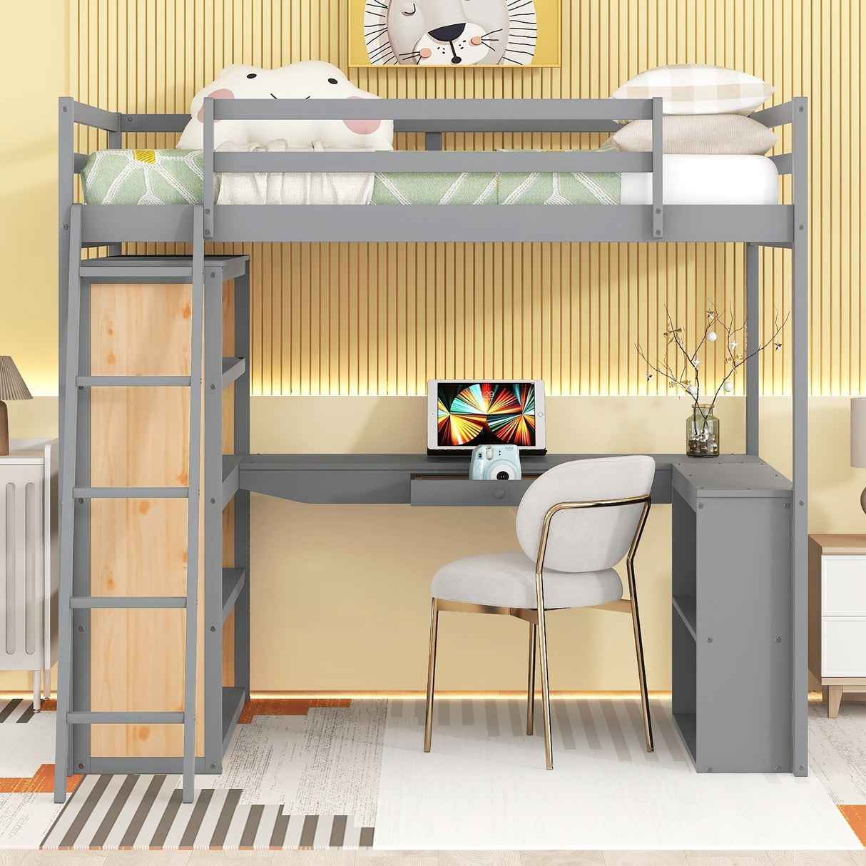 Full Size Loft Bed with Ladder, Shelves, and Desk, Gray - Home Elegance USA