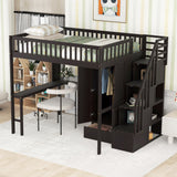 Full size Loft Bed with Bookshelf,Drawers,Desk,and Wardrobe-Espresso - Home Elegance USA