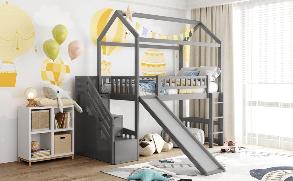 Twin Loft Bed with Two Drawers and Slide, House Bed with Slide, Gray (Old SKU: LP000130AAE) - Home Elegance USA