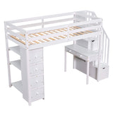 Twin size Loft Bed with Storage Drawers ,Desk and Stairs, Wooden Loft Bed with Shelves - White - Home Elegance USA