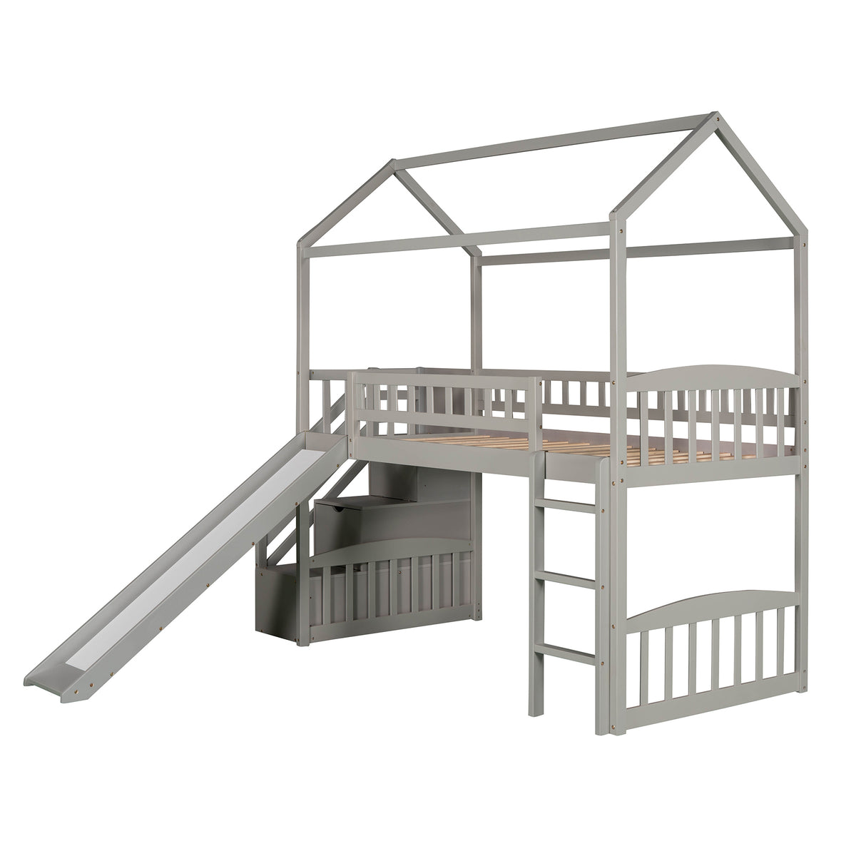 Twin Loft Bed with Two Drawers and Slide, House Bed with Slide, Gray (Old SKU: LP000130AAE) - Home Elegance USA