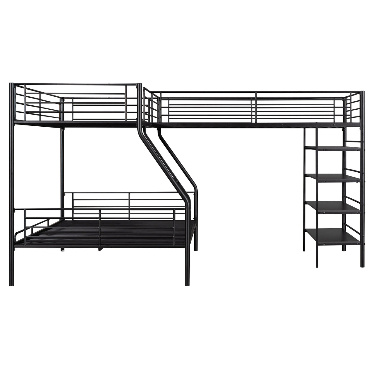 L-Shaped Metal Twin over Full Bunk Bed and Twin Size Loft Bed with Four Built-in Shelves,Black - Home Elegance USA