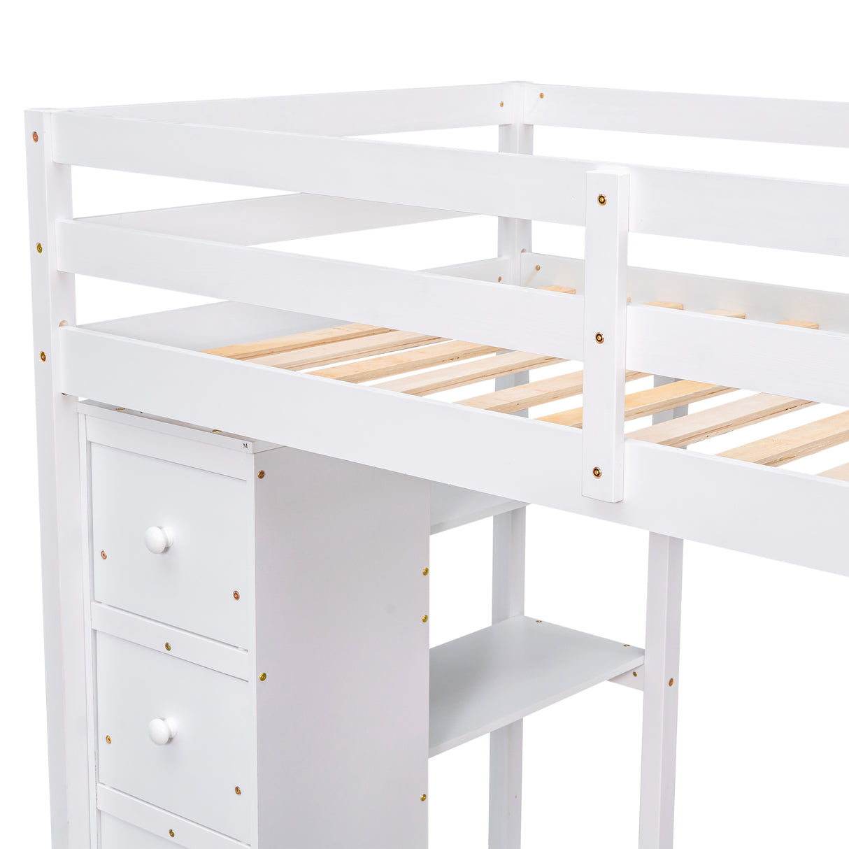 Twin size Loft Bed with Storage Drawers ,Desk and Stairs, Wooden Loft Bed with Shelves - White - Home Elegance USA