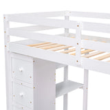 Twin size Loft Bed with Storage Drawers ,Desk and Stairs, Wooden Loft Bed with Shelves - White - Home Elegance USA