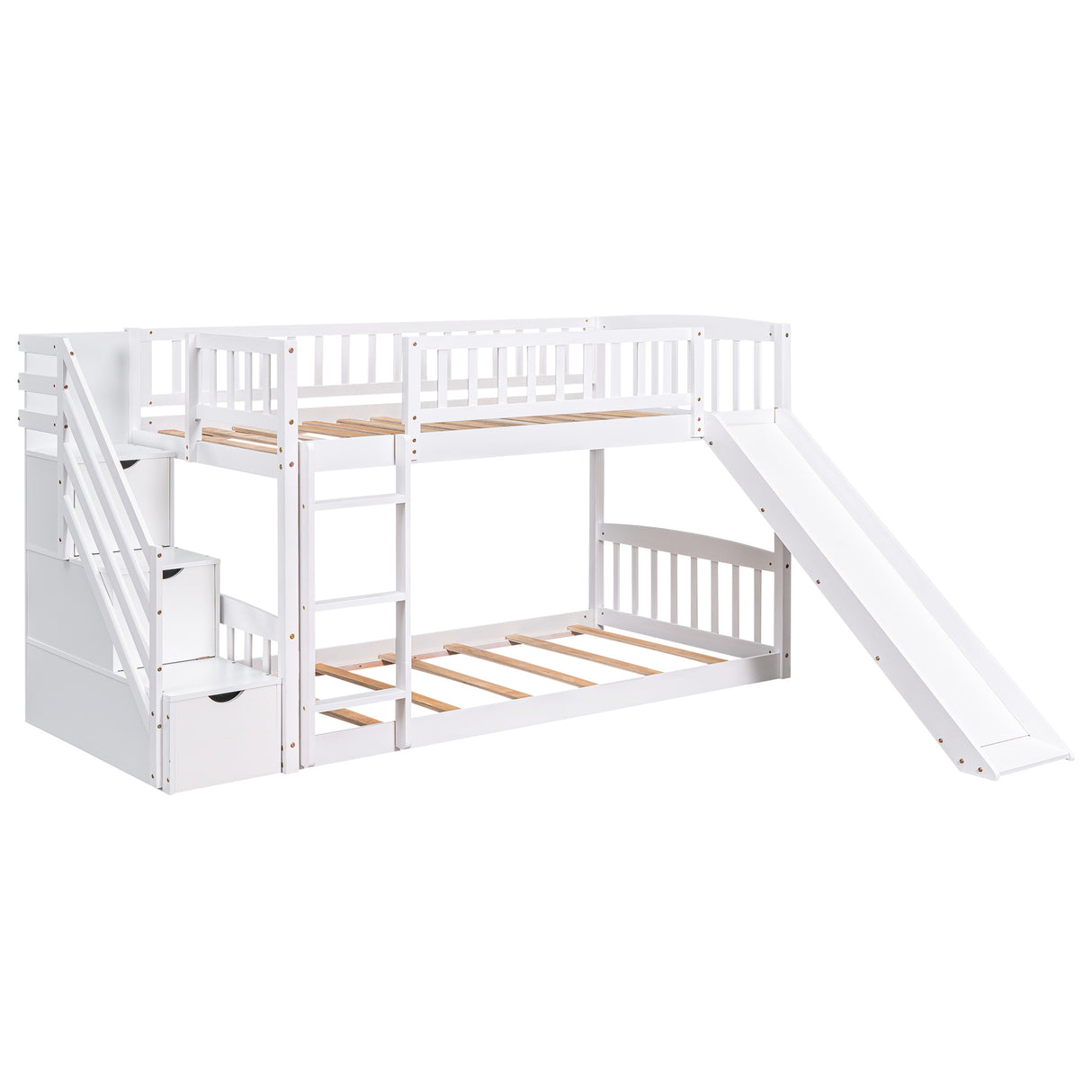 Stairway Twin over Twin Bunk Bed with Two Drawers and Slide, White(OLD SKU :LT000155AAK) - Home Elegance USA