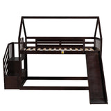 Twin over Twin House Bunk Bed with Slide and Storage Staircase,Espresso - Home Elegance USA