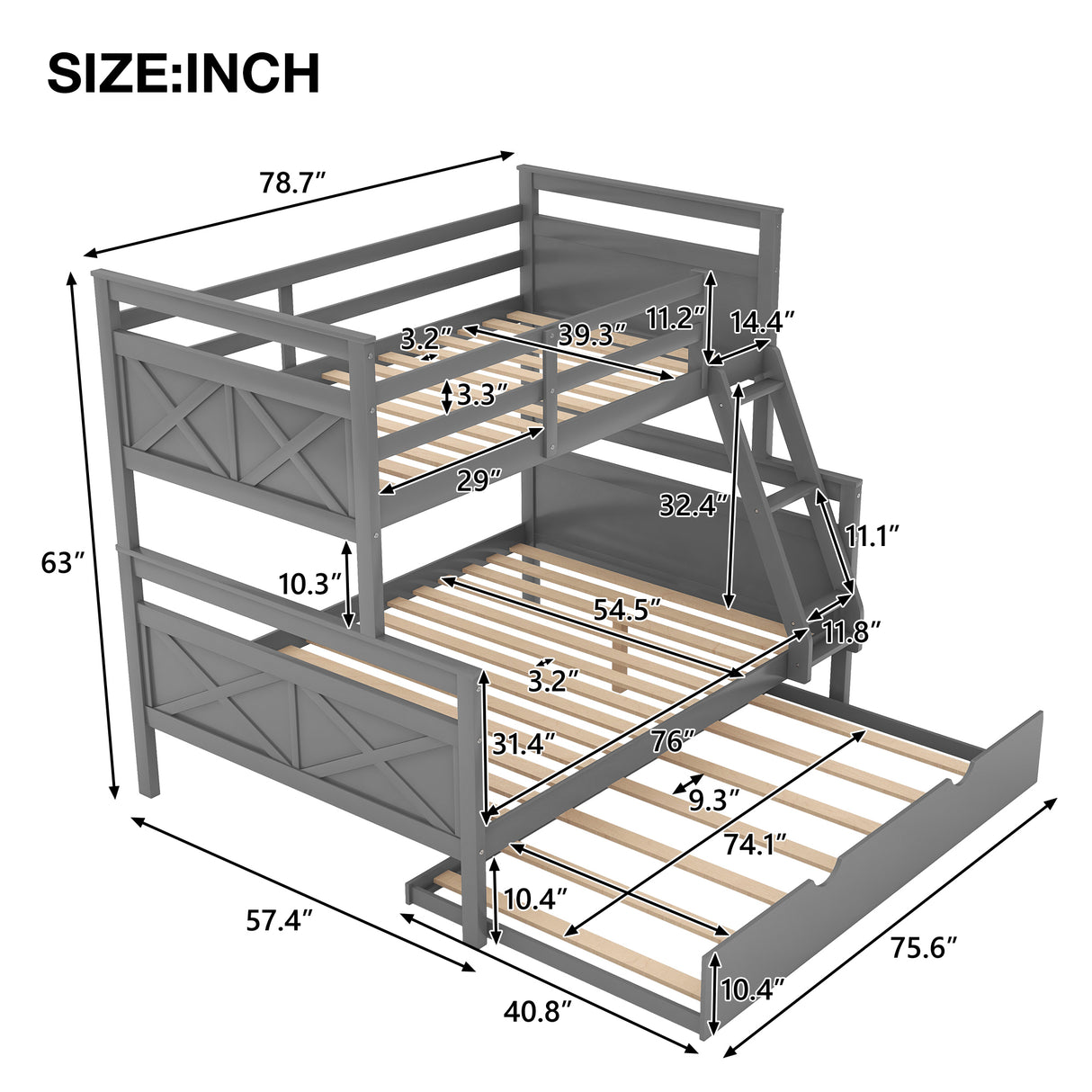 Twin over Full Bunk Bed with Ladder, Twin Size Trundle, Safety Guardrail, Gray - Home Elegance USA