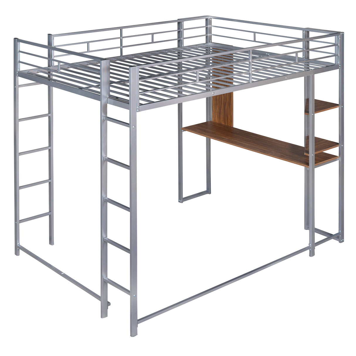 Full Size Metal Loft Bed with 2 Shelves and one Desk ,Silver (Old SKU: LP000191AAN )