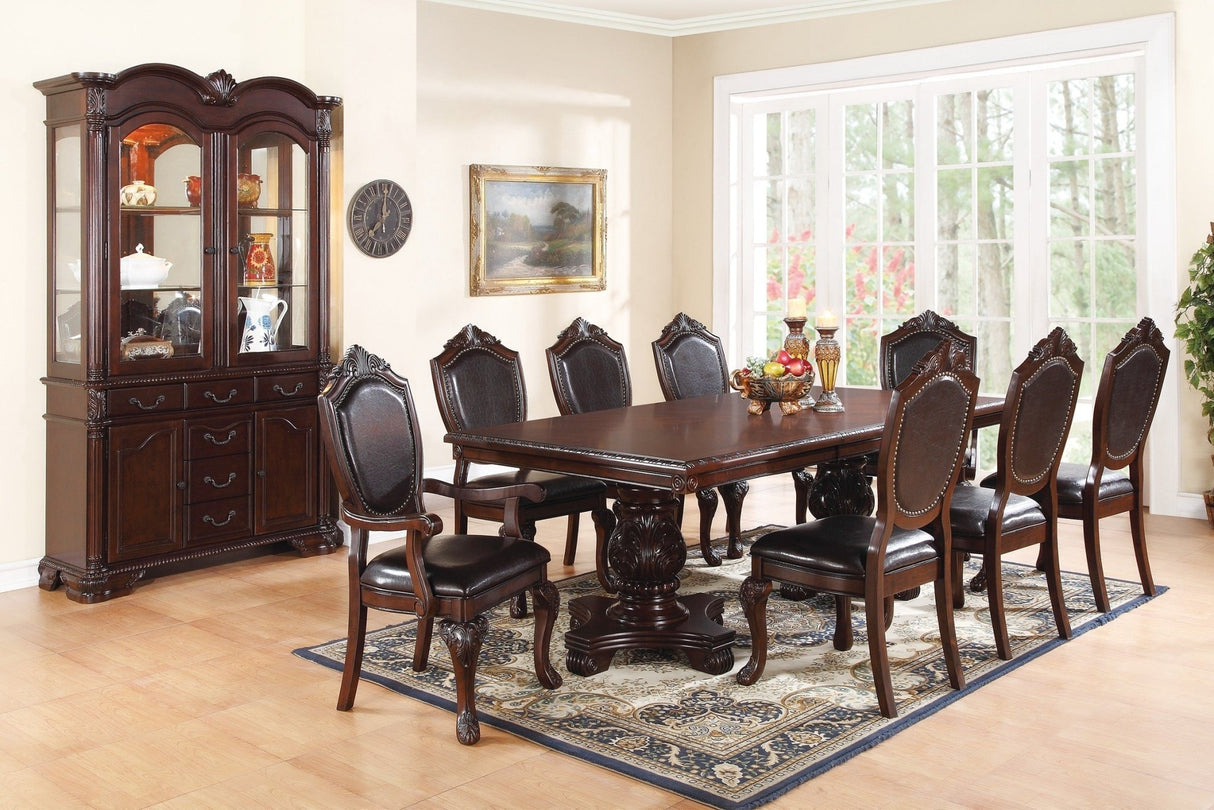 Formal Dining Room Table w Leaf 2x Arm Chairs And 6x Side Chairs Brown 9pc Set Dining Table Double Pedestal Base Royal Rectangle Table - Home Elegance USA