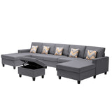 Nolan Gray Linen Fabric 6Pc Double Chaise Sectional Sofa with Interchangeable Legs, Storage Ottoman, and Pillows - Home Elegance USA