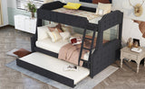 Twin over Full Upholstered Bunk Bed with Trundle and Ladder,Tufted Button Design,Black - Home Elegance USA