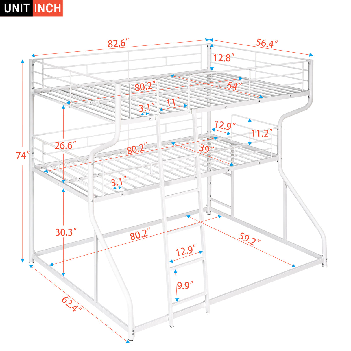 Full XL over Twin XL over Queen Size Triple Bunk Bed with Long and Short Ladder,White - Home Elegance USA