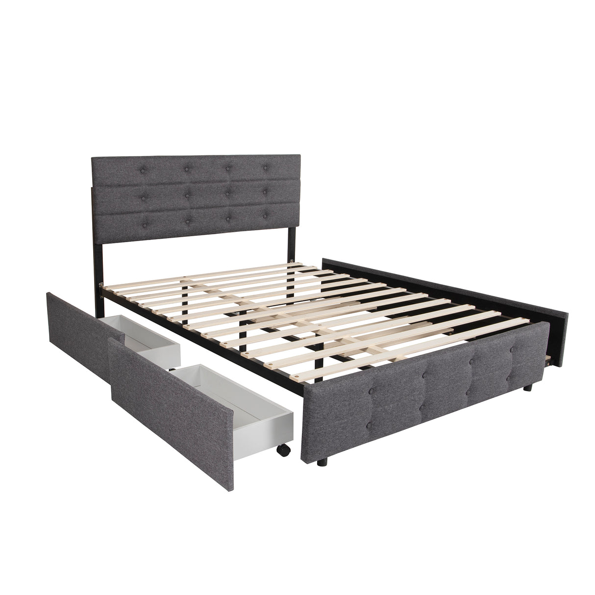 Queen Size Upholstered Linen Fabric Trundle bed with drawers Grey