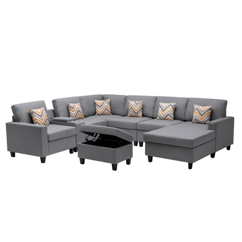 Nolan Gray Linen Fabric 8Pc Reversible Chaise Sectional Sofa with Interchangeable Legs, Pillows, Storage Ottoman, and a USB, Charging Ports, Cupholders, Storage Console Table - Home Elegance USA