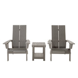 Key West 3 Piece Outdoor Patio All-Weather Plastic Wood Adirondack Bistro Set, 2 Adirondack chairs, and 1 small, side, end table set for Deck, Backyards, Garden, Lawns, Poolside, and Beaches, Grey