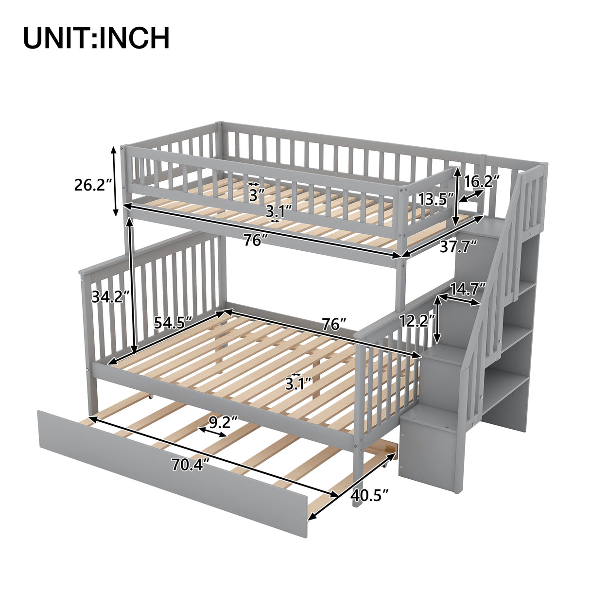 Twin over Full Bunk Bed with Trundle and Staircase,Gray - Home Elegance USA