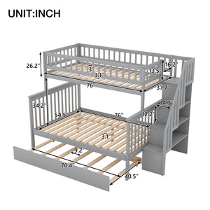 Twin over Full Bunk Bed with Trundle and Staircase,Gray - Home Elegance USA