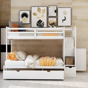 Twin over Full/Twin Bunk Bed, Convertible Bottom Bed, Storage Shelves and Drawers, White - Home Elegance USA