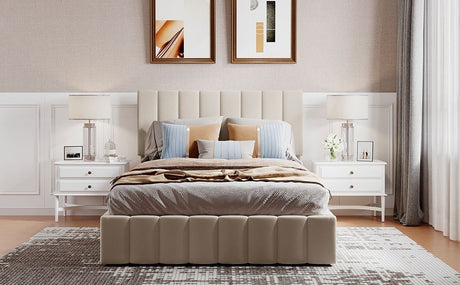 Full size Upholstered Platform bed with a Hydraulic Storage System - Beige - Home Elegance USA