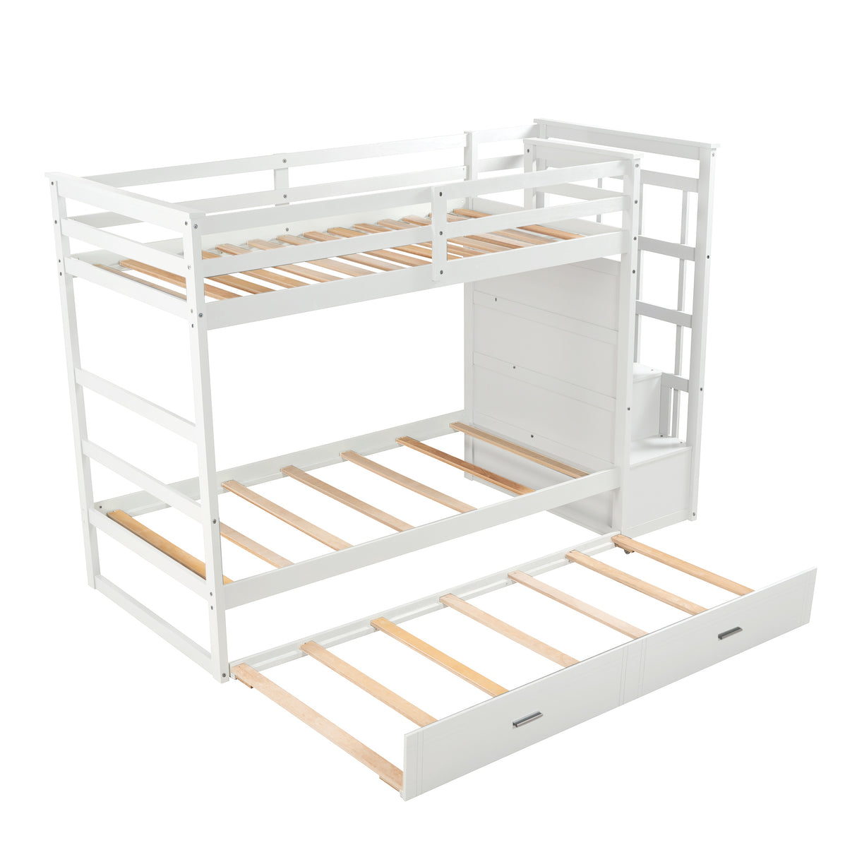 Solid Wood Bunk Bed, Hardwood Twin Over Twin Bunk Bed with Trundle and Staircase, Natural White Finish(OLD SKU :LP000068AAP) - Home Elegance USA