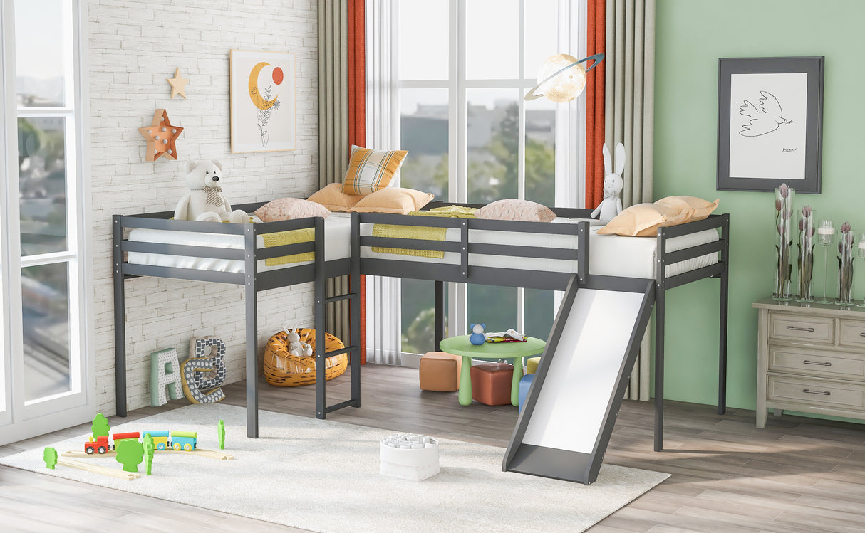 L-Shaped Twin Size Loft Bed with Ladder and Slide, Gray - Home Elegance USA