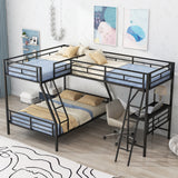 Twin over Full Bunk Bed with a Twin Size Loft Bed attached, with a Desk, Metal, Black - Home Elegance USA