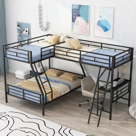 Twin over Full Bunk Bed with a Twin Size Loft Bed attached, with a Desk, Metal, Black - Home Elegance USA